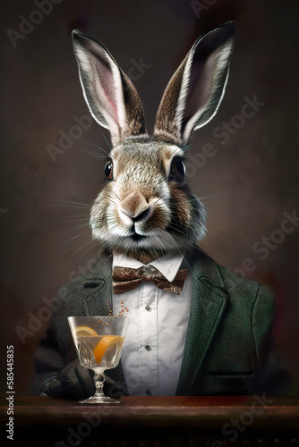 Very cute rabbit sitting at the table with a glass of drink. AI generated illustration.