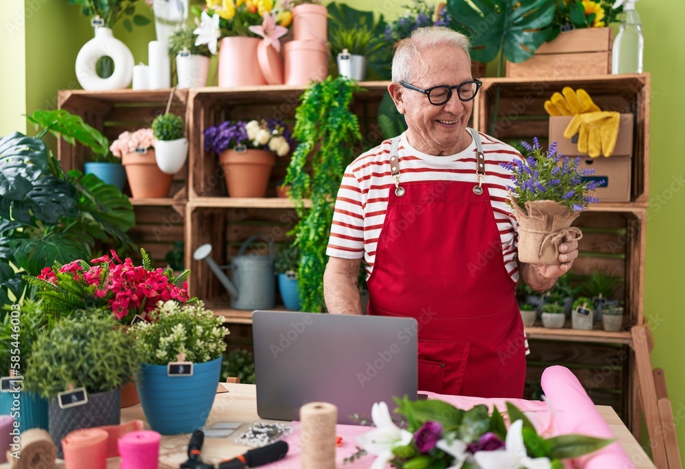 Middle age grey-haired man florist using laptop holding plant at flower shop