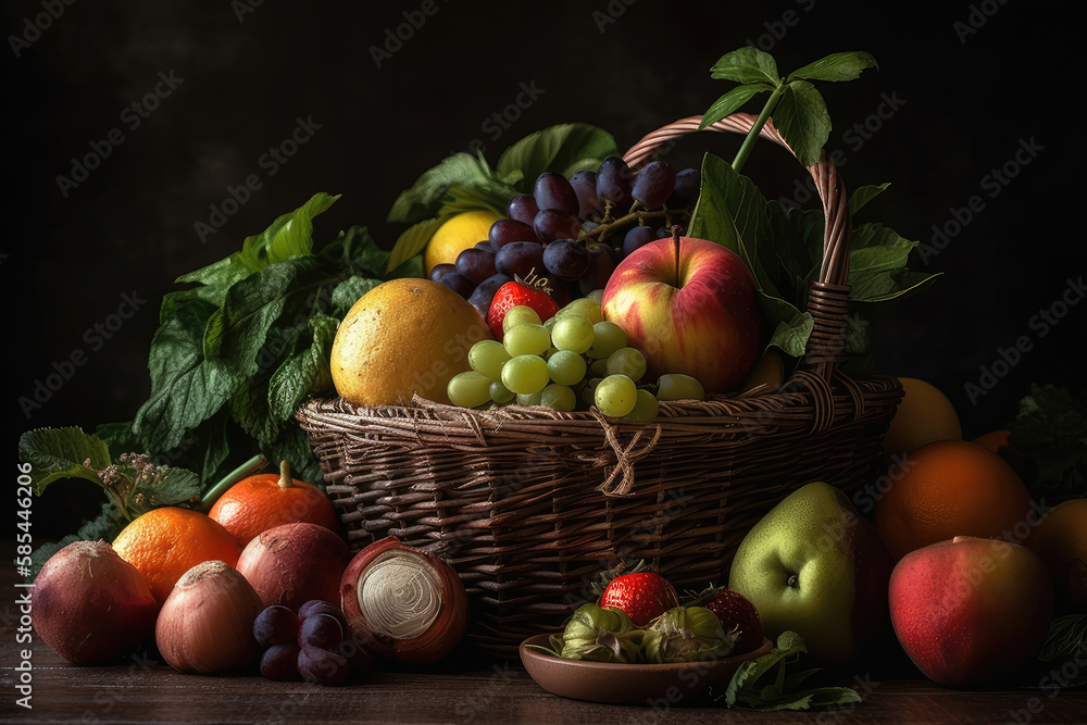 Assorted organic fruits in wicker basket Generative AI