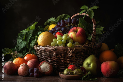Assorted organic fruits in wicker basket Generative AI