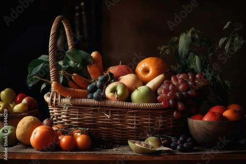 Assorted organic fruits in wicker basket Generative AI