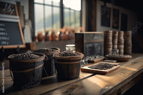 Cup of coffee latte with heart shape and coffee beans on old wooden background Generative AI