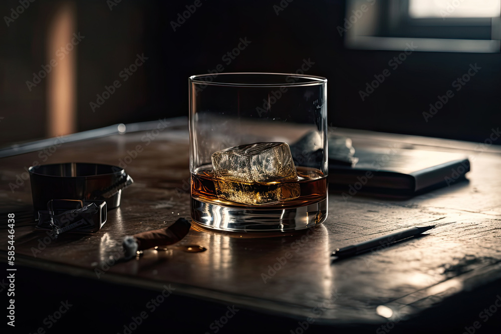 Glass of whiskey or cognac with ice cubes and smoking cigar on the table Generative AI