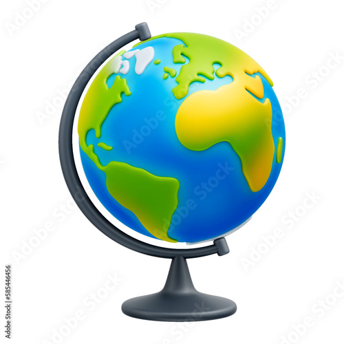 Cartoon world globe with simple physical surface texture and stand 3d vector icon on white background. Globe of planet Earth for concept of kids learning or world traveling