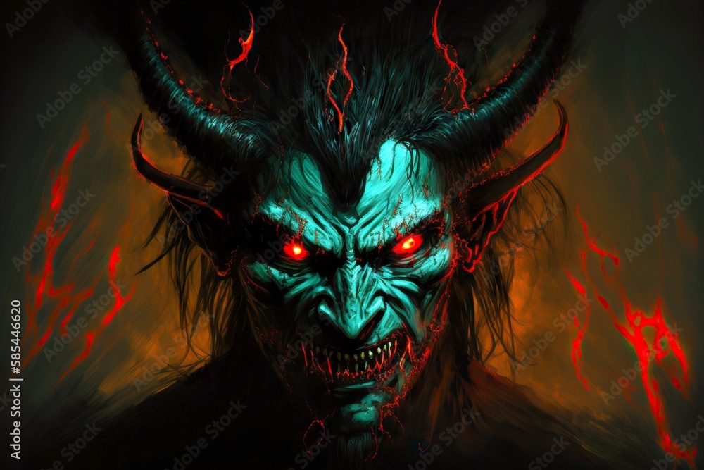 Devil with horns and red burning eyes and evil eye, created with ...