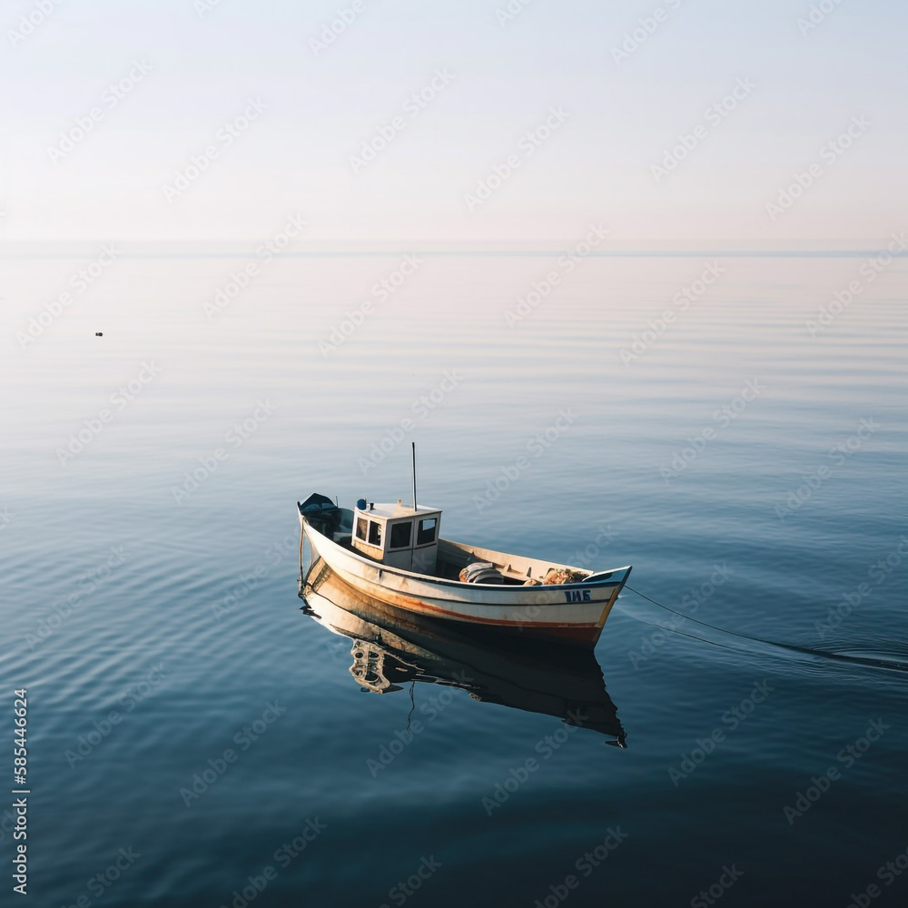 Lonely boat on a calm sea - AI Generative Lonely boat on a calm sea - AI Generative