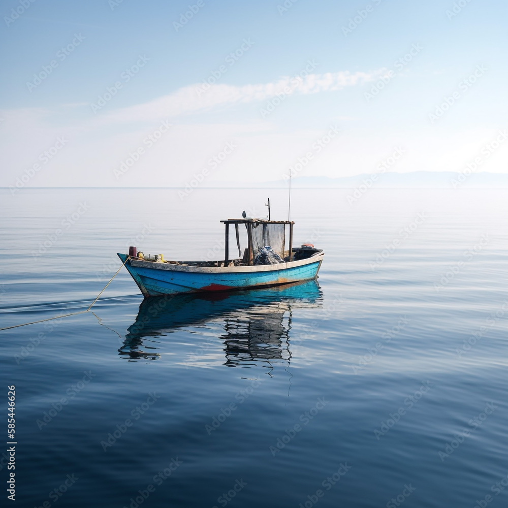 Lonely boat on a calm sea - AI Generative