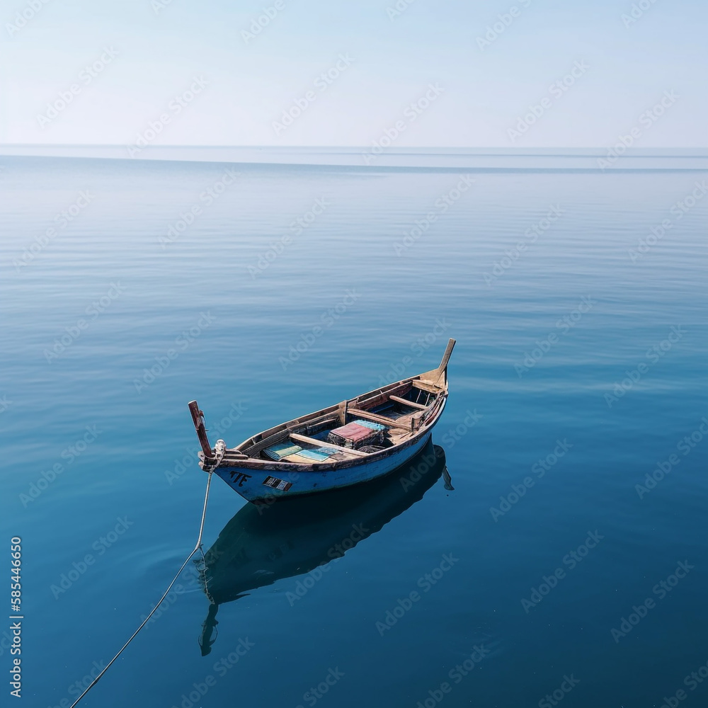 Lonely boat on a calm sea - AI Generative Lonely boat on a calm sea - AI Generative
