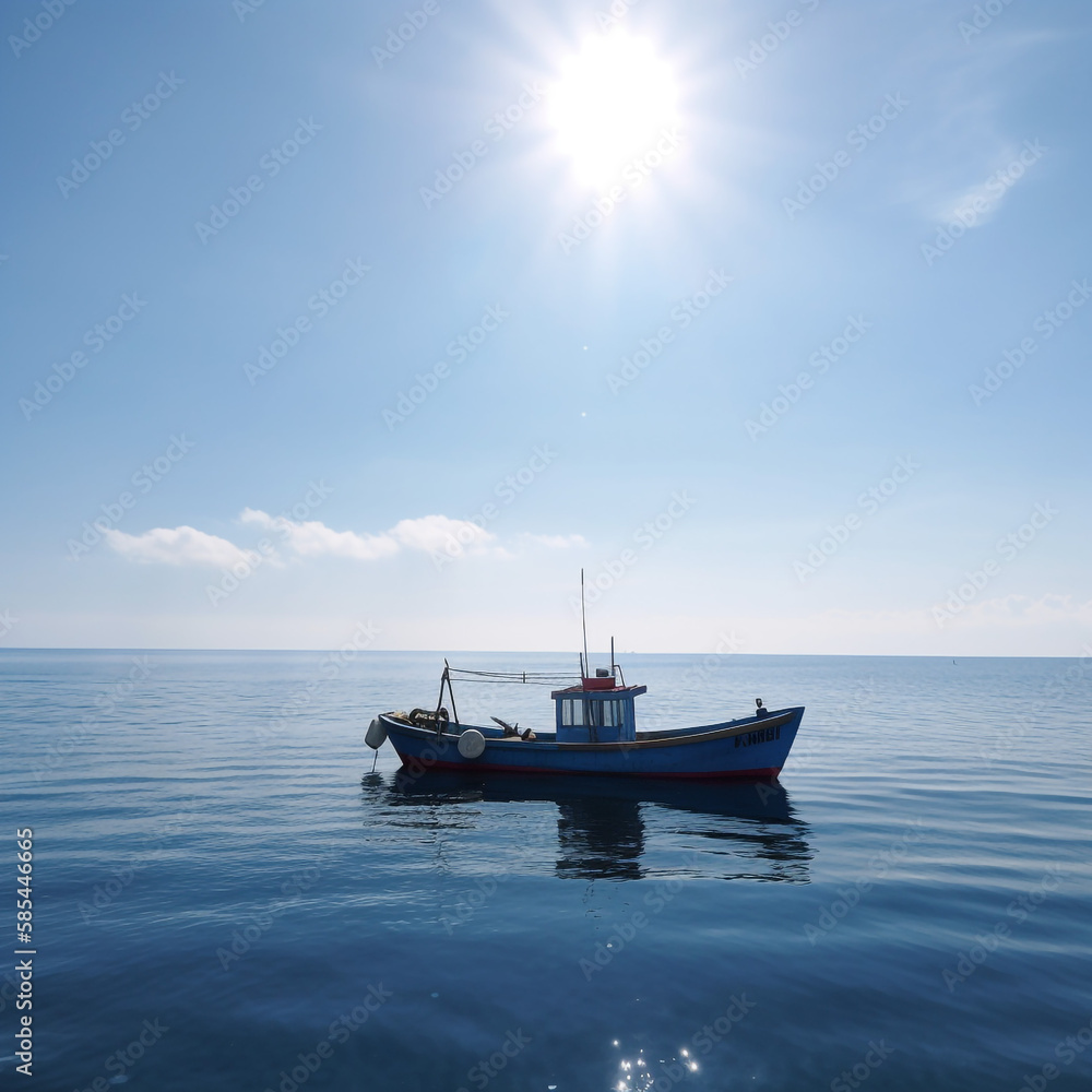 Lonely boat on a calm sea - AI Generative Lonely boat on a calm sea - AI Generative