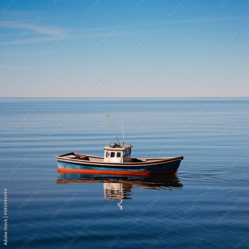 Lonely boat on a calm sea - AI Generative Lonely boat on a calm sea - AI Generative
