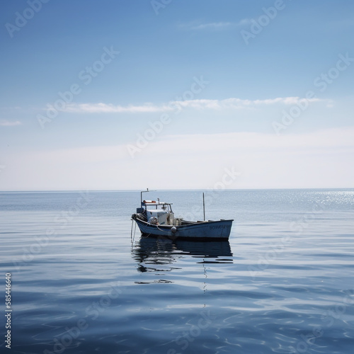 Lonely boat on a calm sea - AI Generative © rupinder
