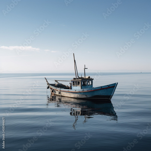 Lonely boat on a calm sea - AI Generative