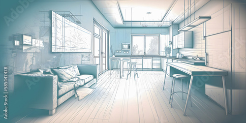 Sketch and Blueprint, bright interior of a new apartment, hand drawn illustration, Generative AI