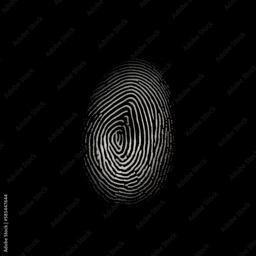 A Fingerprint in white isolated on a black background. Concept of crime and identity. Illustrative Generative AI. A Fingerprint in white isolated on a black background. Concept of crime and identity. Illustrative Generative AI.