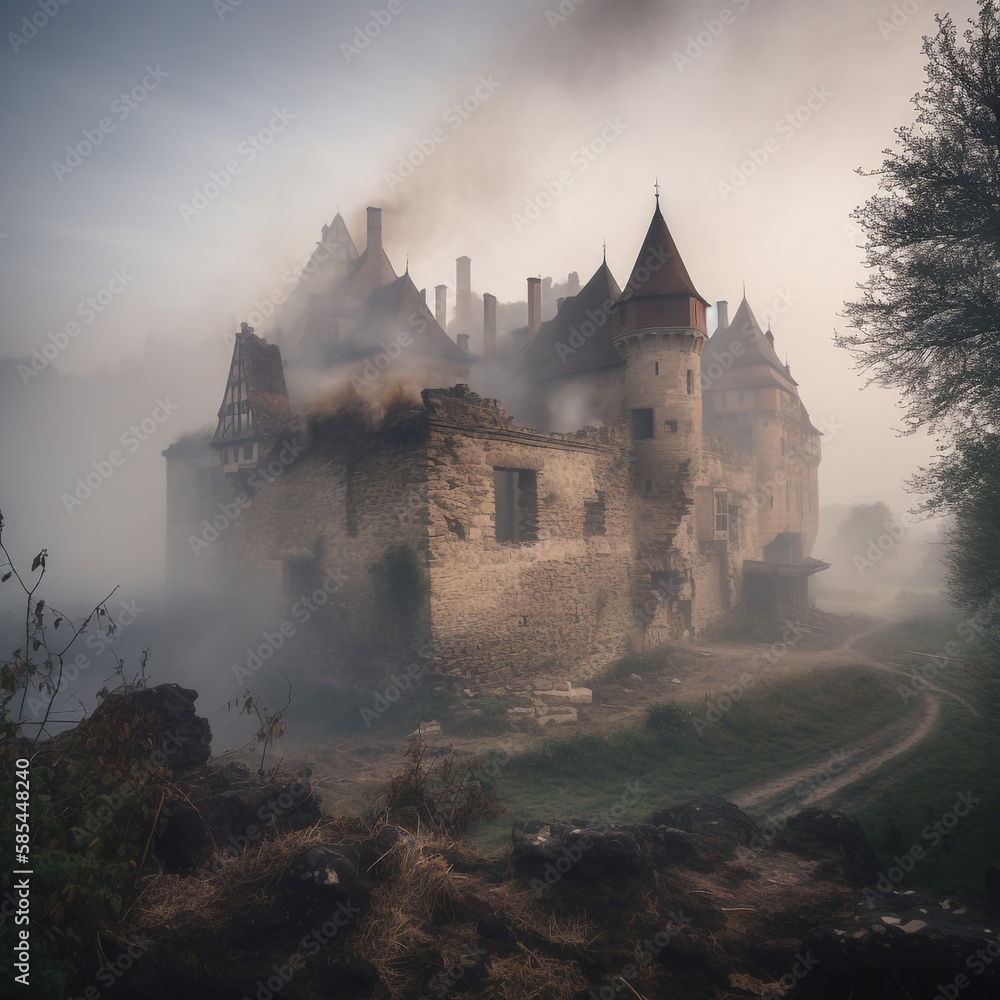 Fototapeta premium Fantasy medieval castle siege on a foggy day - AI Generative