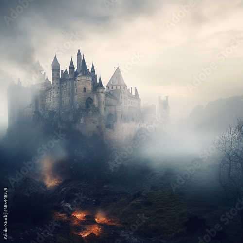 Fantasy medieval castle siege on a foggy day - AI Generative © rupinder
