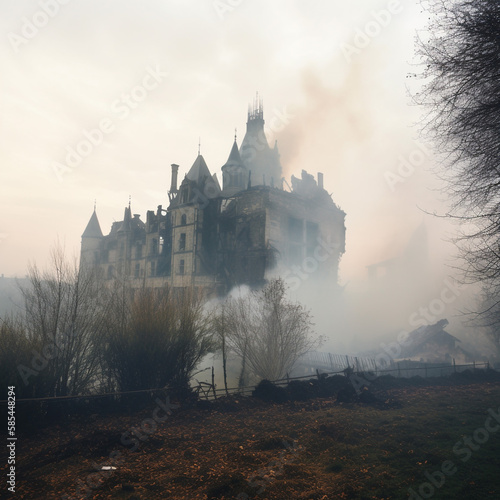 Fantasy medieval castle siege on a foggy day - AI Generative