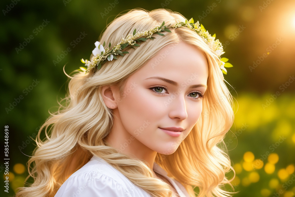 Portrait of a beautiful woman in summer clothes with a flower wreath on her head. Generative AI Portrait of a beautiful woman in summer clothes with a flower wreath on her head. Generative AI