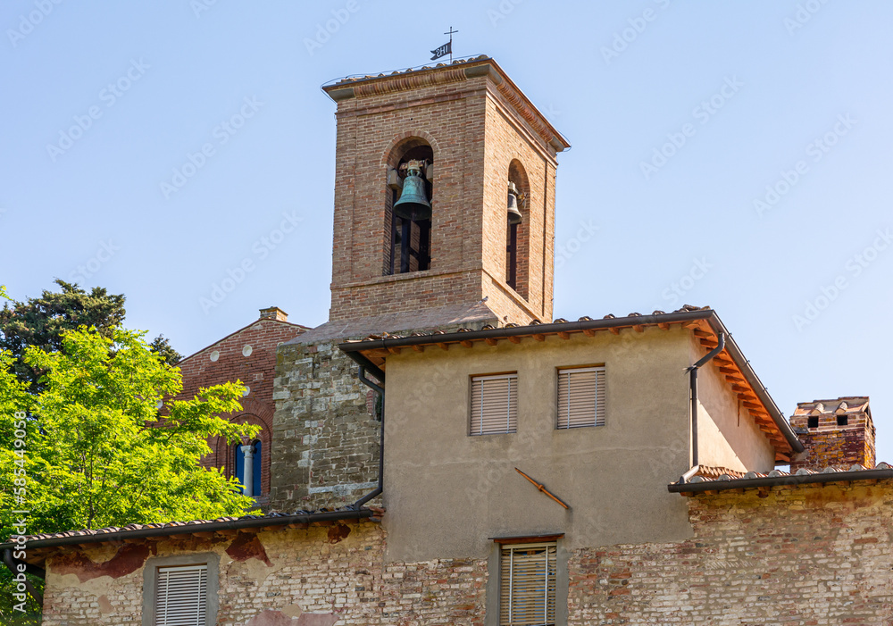 Bell tower of the Pieve of Santi Pietro e Paolo at Coiano. A Romanesque building  located on one of the routes of the Via Francigena - Castelfiorentino, Firenze province,Tuscany, italy