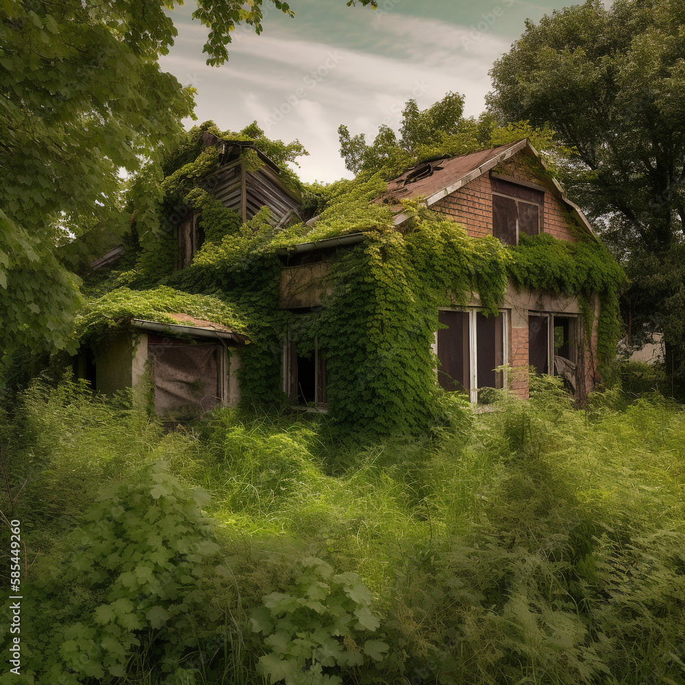 Post Apocalyptic houses invaded by vegetation - AI Generative