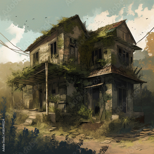 Post Apocalyptic houses invaded by vegetation - AI Generative © rupinder