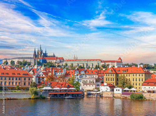 Old town of Prague, Czech Republic over river Vltava with Saint Vitus cathedral on skyline. Praha panorama landscape view.