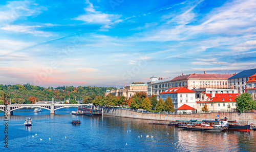 Scenic view of bridges on the Vltava river and of the historical center of Prague, Czech Republic.