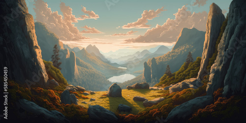 High altitude scenic view of a beautiful valley at sunrise  distant mountains and hills  misty morning fog  warm summer weather  eroded and weathered rock formations and grassy slopes - generative AI