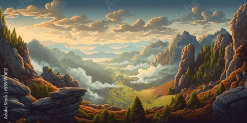 High altitude scenic view of a beautiful valley at sunrise  distant mountains and hills  misty morning fog  warm summer weather  eroded and weathered rock formations and grassy slopes - generative AI