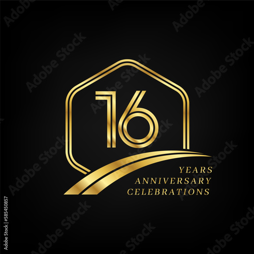 16 years anniversary. Lined gold hexagon and curving anniversary template.