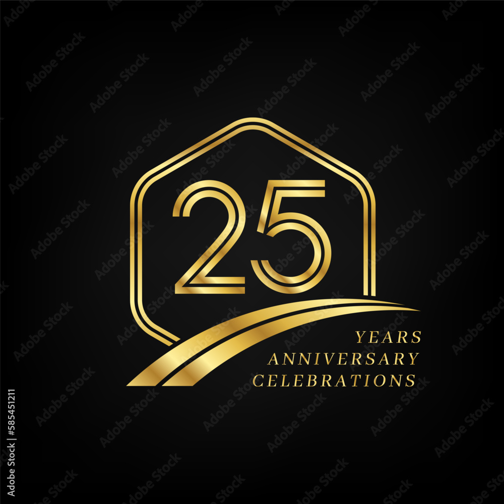 25 years anniversary. Lined gold hexagon and curving anniversary template. 25 years anniversary. Lined gold hexagon and curving anniversary template.