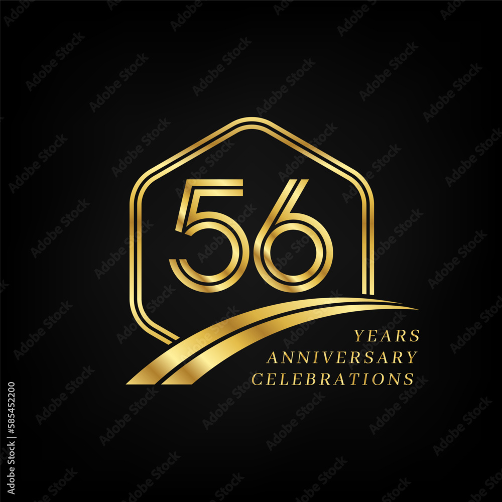 56 years anniversary. Lined gold hexagon and curving anniversary template.