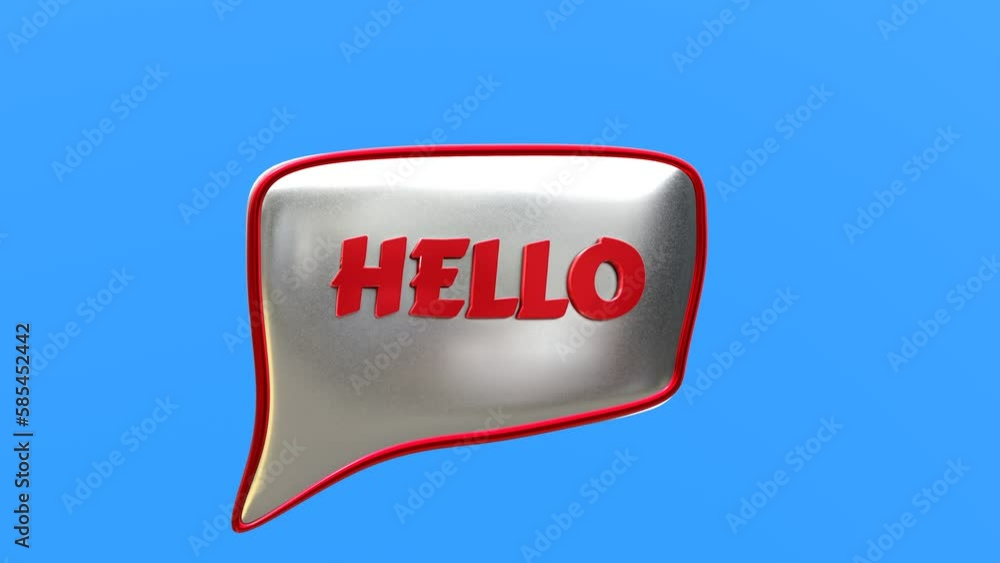 3d animation of a red and chrome metal hello symbol on a blue