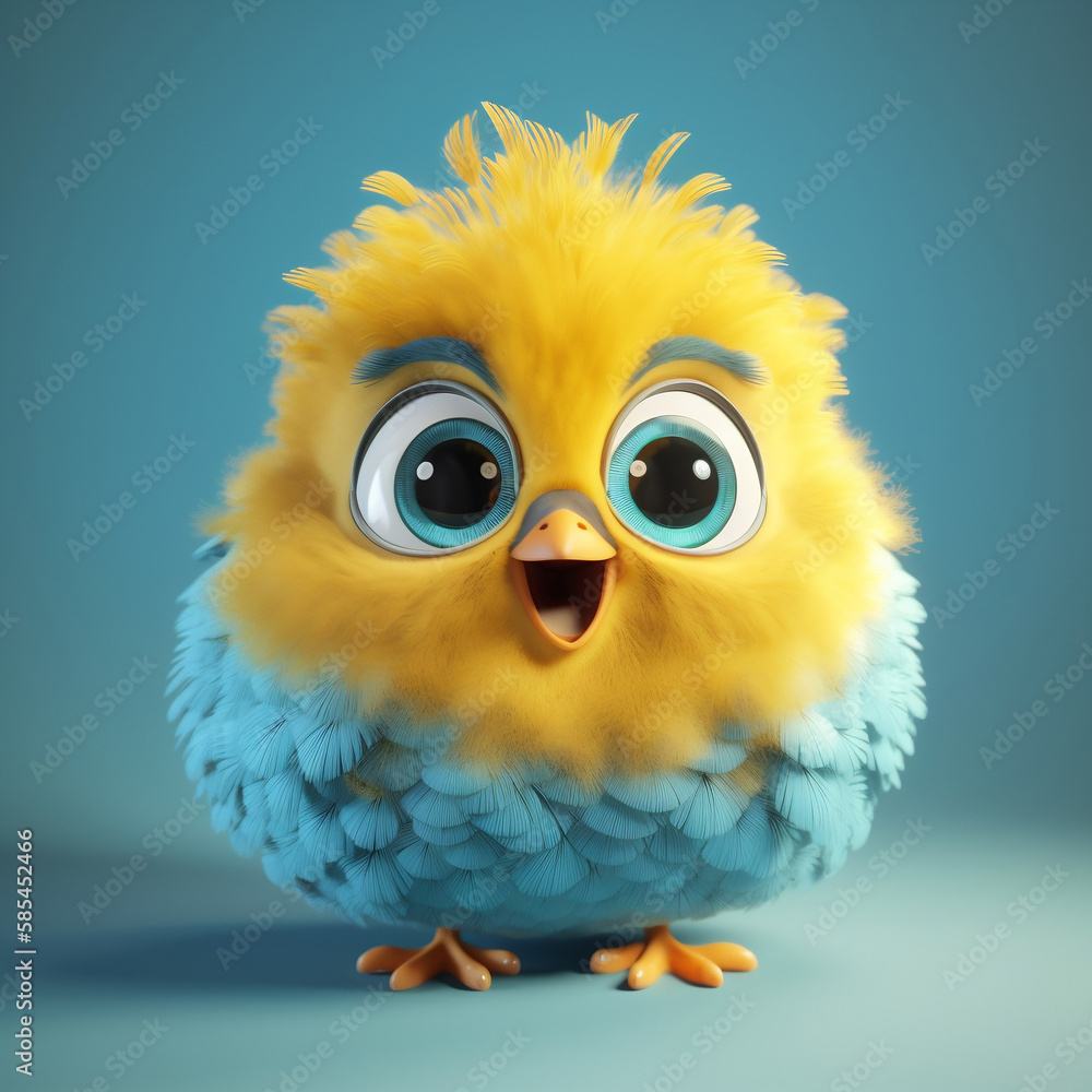 Fototapeta premium realistic 3d render of a happy, furry and cute yellow and blue bird smiling