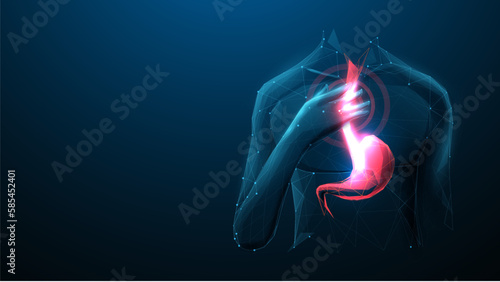 Acid Reflux, Heartburn, GERD. Humans suffer from heartburn. Low polygons, triangles, wireframe, and particle style. Vector illustration photo