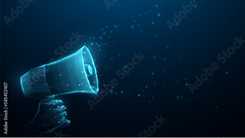 Hand hold megaphone. Marketing, Social media, Advertising, and promotion. Low polygons, triangles, wireframe, and particle style. Vector illustration