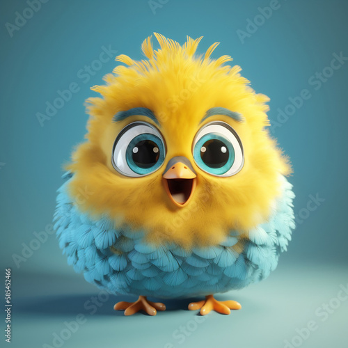 realistic 3d render of a happy, furry and cute yellow and blue bird smiling