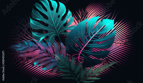 glowing neon pink triangle surrounded by tropical palm fronds and monstera leaves. Created with generative AI.