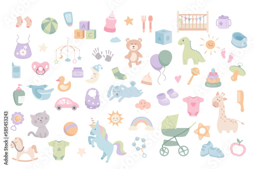 Accessories Items for Newborn Babies. Bundle of toys, clothes, stroller, baby care stuff, rattles, crib. The most necessary things for caring for a child. Cartoon flat vector illustration.