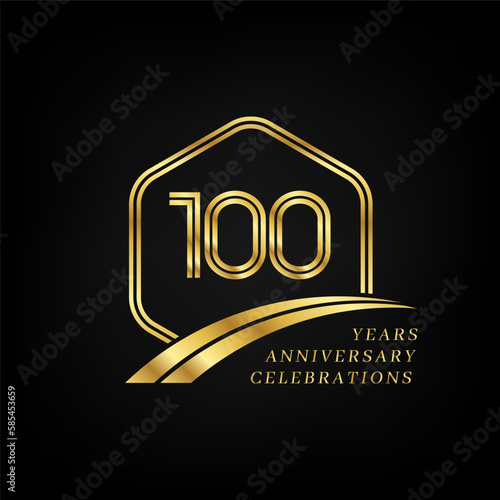 100 years anniversary. Lined gold hexagon and curving anniversary template.