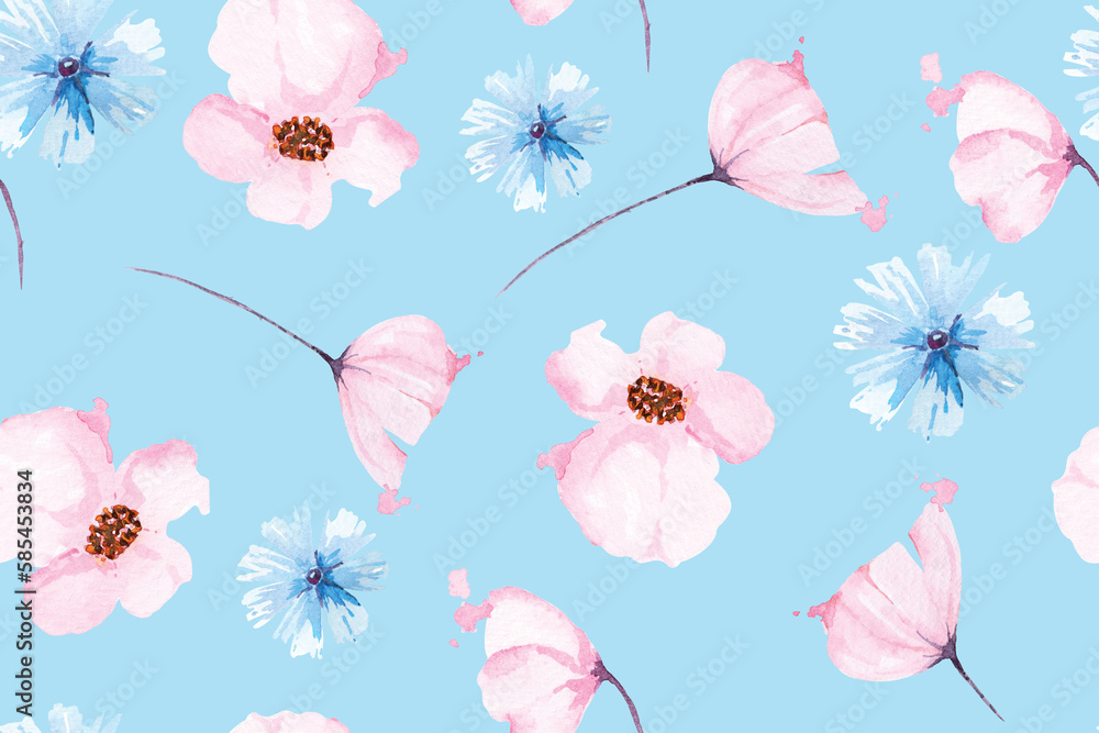 Seamless pattern poppies and blooming flower background with watercolor.Designed for fabric and wallpaper. Seamless pattern poppies and blooming flower background with watercolor.Designed for fabric and wallpaper.