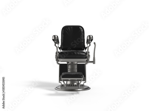 Vintage barber shop arm chair iron polish chrome with black leather isolated on white background 3d rendering image front side view