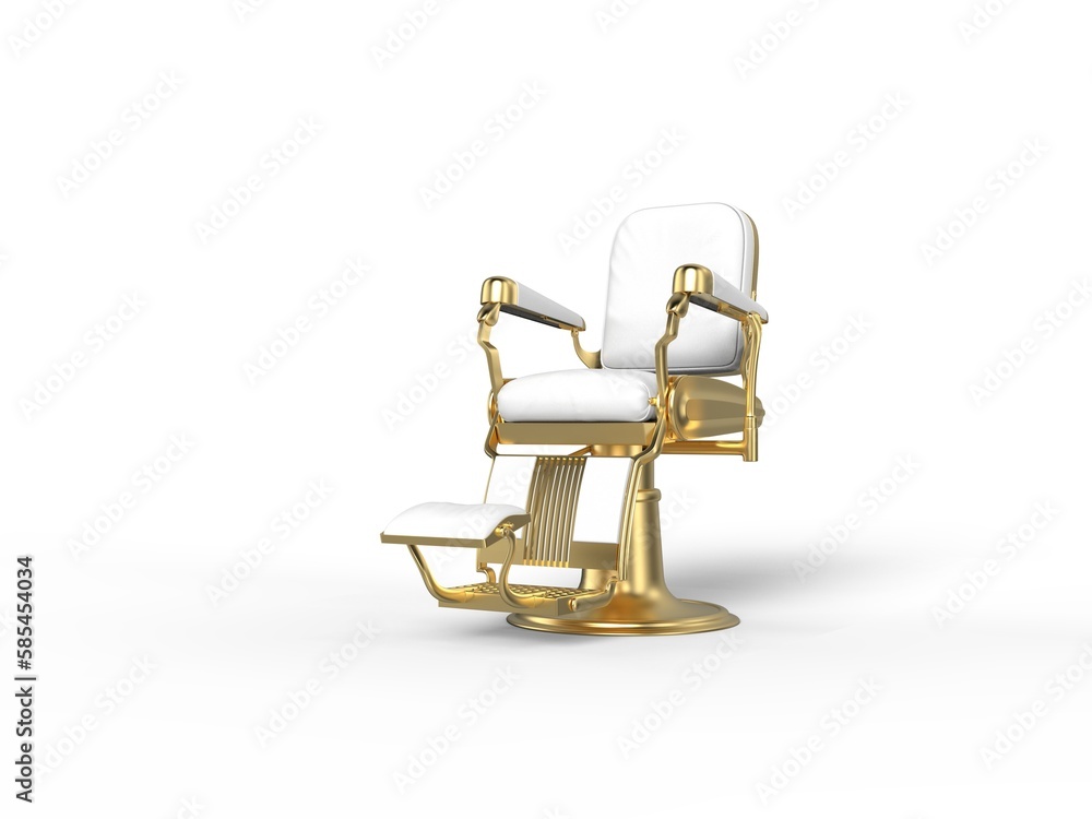 Gold luxury expensive looking white leather armchair for beauty salon isolated with copy space for advertisement left perspective side 3d rendering image Gold luxury expensive looking white leather armchair for beauty salon isolated with copy space for advertisement left perspective side 3d rendering image