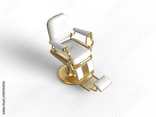 Gold luxury expensive looking white leather armchair for beauty salon isolated with copy space for advertisement right front perspective side 3d rendering image
