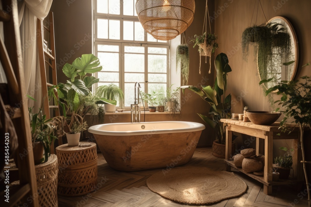 Vertical image of warm bohemian or urban jungle bathroom with white tub, green tropical plants, candles, wooden and wicker home décor. Recreating and spaing. Generative AI