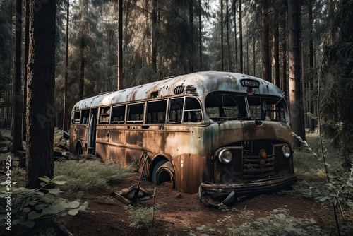 Lost Adventure: Rust-Eaten Bus Abandoned in Forest Nature: Generative AI