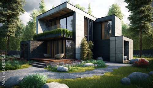 Modern house with amazing and perfect garden which can be the envy of all neighbors, Generative AI Technology  © Dniel