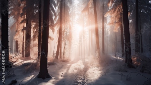 Mystic Winter Wonderland: Majestic Snowy Forest with Shining Sunlight - Phenomenal Background Wallpaper: Generative AI