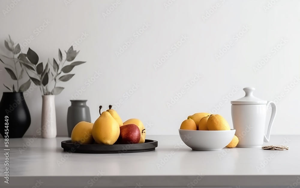A modern kitchen vignette featuring ripe yellow fruits and elegant black and white tableware.