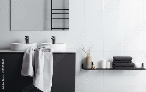 Modern bathroom interior with contrasting black and white design elements and sleek fixtures.